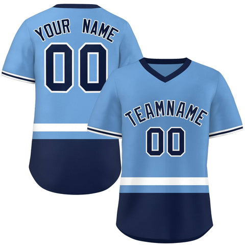 Custom Light Blue White-Navy Color Block Personalized V-Neck Authentic Pullover Baseball Jersey