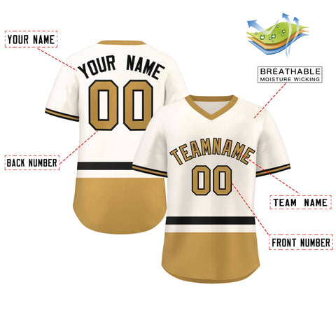 Custom Cream Black-Old Gold Color Block Personalized V-Neck Authentic Pullover Baseball Jersey