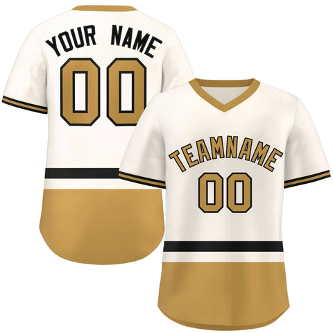 Custom Cream Black-Old Gold Color Block Personalized V-Neck Authentic Pullover Baseball Jersey