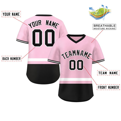 Custom Light Pink White-Black Color Block Personalized V-Neck Authentic Pullover Baseball Jersey
