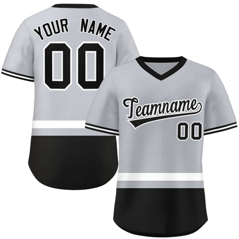 Custom Gray White-Black Color Block Personalized V-Neck Authentic Pullover Baseball Jersey