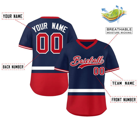 Custom Navy White-Red Color Block Personalized V-Neck Authentic Pullover Baseball Jersey