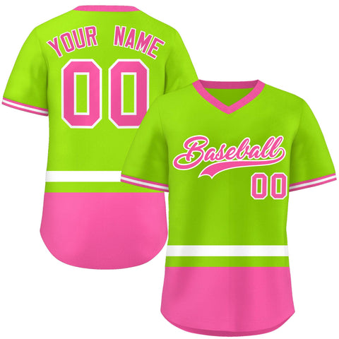 Custom Neon Green White-Pink Color Block Personalized V-Neck Authentic Pullover Baseball Jersey