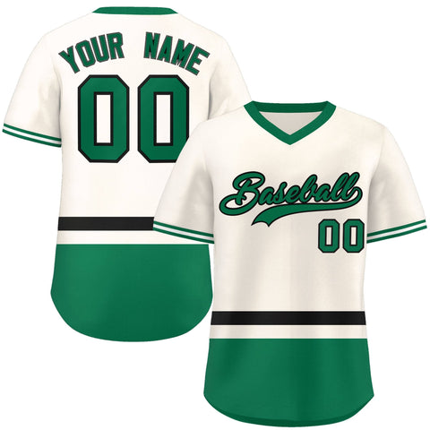 Custom Cream Black-Kelly Green Color Block Personalized V-Neck Authentic Pullover Baseball Jersey