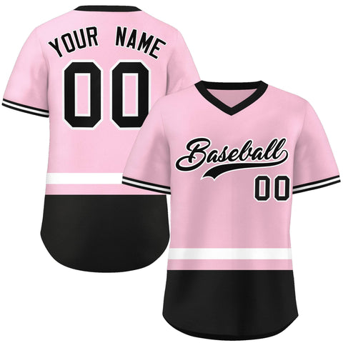 Custom Light Pink White-Black Color Block Personalized V-Neck Authentic Pullover Baseball Jersey