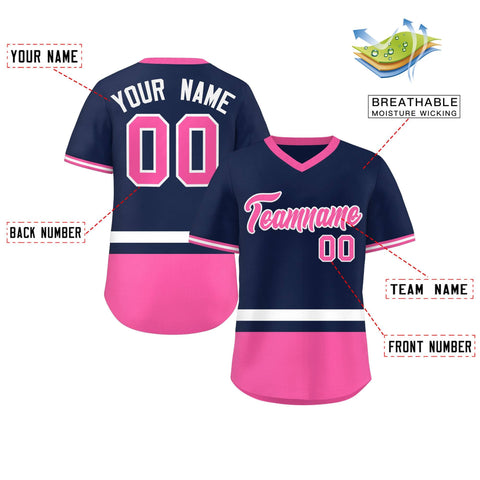 Custom Navy White-Pink Color Block Personalized V-Neck Authentic Pullover Baseball Jersey