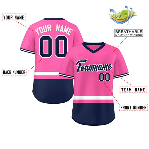 Custom Pink White-Navy Color Block Personalized V-Neck Authentic Pullover Baseball Jersey