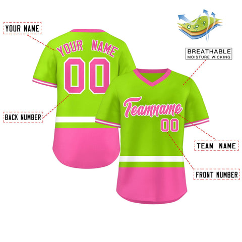 Custom Neon Green White-Pink Color Block Personalized V-Neck Authentic Pullover Baseball Jersey