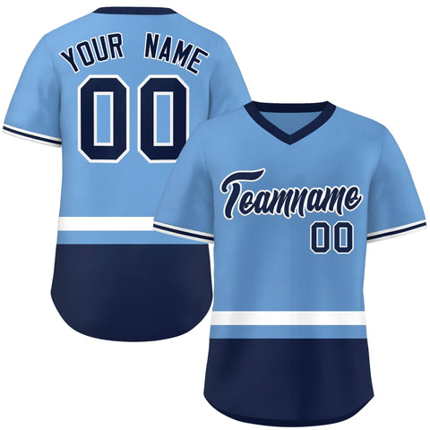Custom Light Blue White-Navy Color Block Personalized V-Neck Authentic Pullover Baseball Jersey