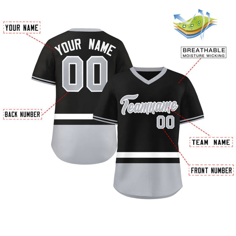 Custom Black White-Gray Color Block Personalized V-Neck Authentic Pullover Baseball Jersey