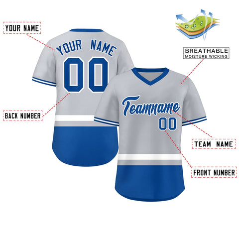 Custom Gray White-Royal Color Block Personalized V-Neck Authentic Pullover Baseball Jersey