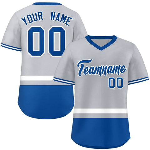 Custom Gray White-Royal Color Block Personalized V-Neck Authentic Pullover Baseball Jersey