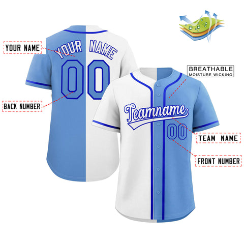 Custom White Light Blue-Royal Split Fashion Authentic Baseball Jersey