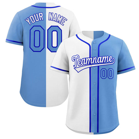Custom White Light Blue-Royal Split Fashion Authentic Baseball Jersey