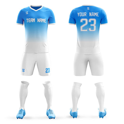 Custom Light Blue White Casual Printing Sportswear Soccer Sets Jersey