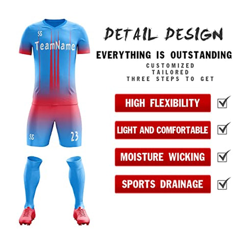 Custom Powder Blue Red Soft Training Uniform Soccer Sets Jersey