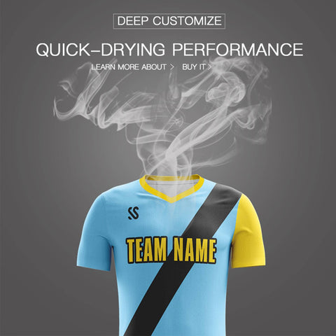 Custom Light Blue Yellow Casual Printing Sportswear Soccer Sets Jersey