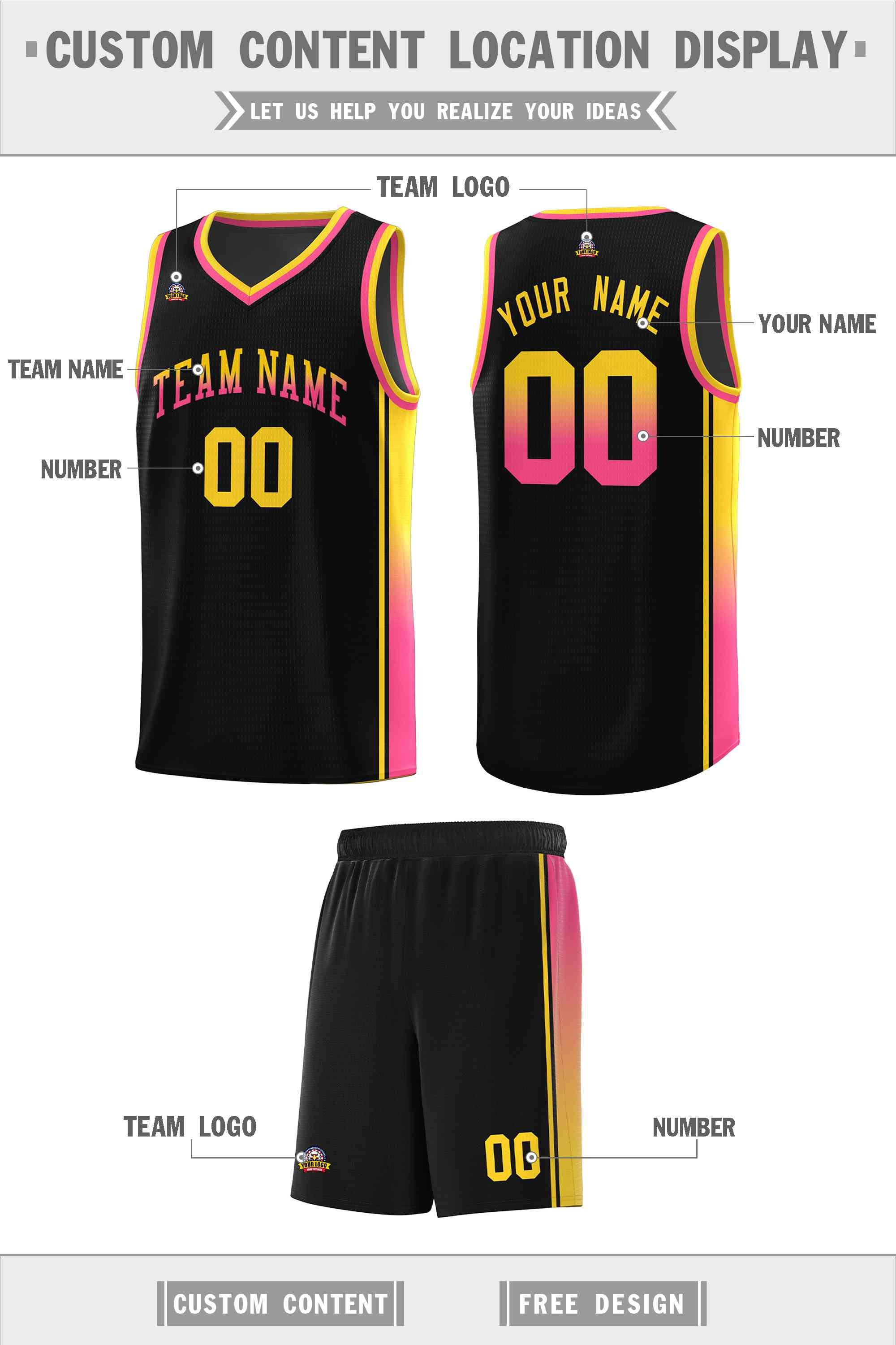 Custom Black Gold-Pink Gradient Fashion Sports Uniform Basketball Jersey