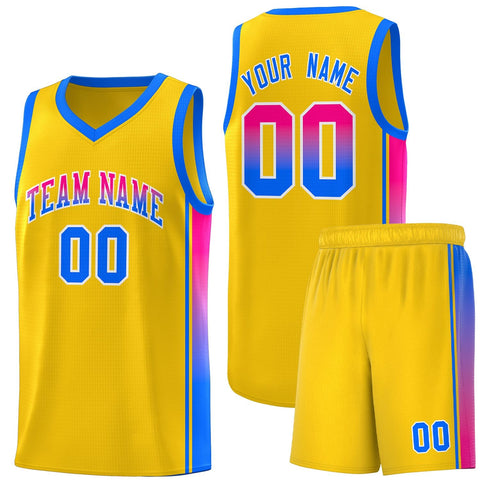 Custom Gold Light Blue-Pink Gradient Fashion Sports Uniform Basketball Jersey