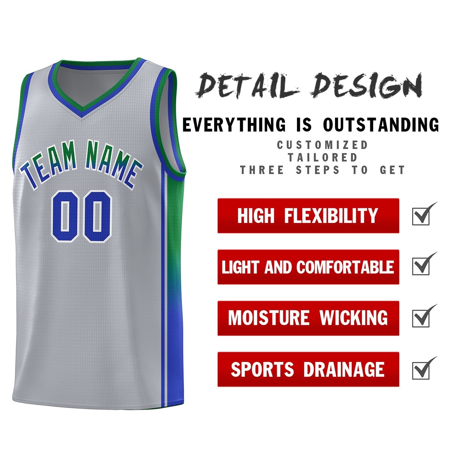 Custom Gray Kelly Green-Royal Gradient Fashion Sports Uniform Basketball Jersey