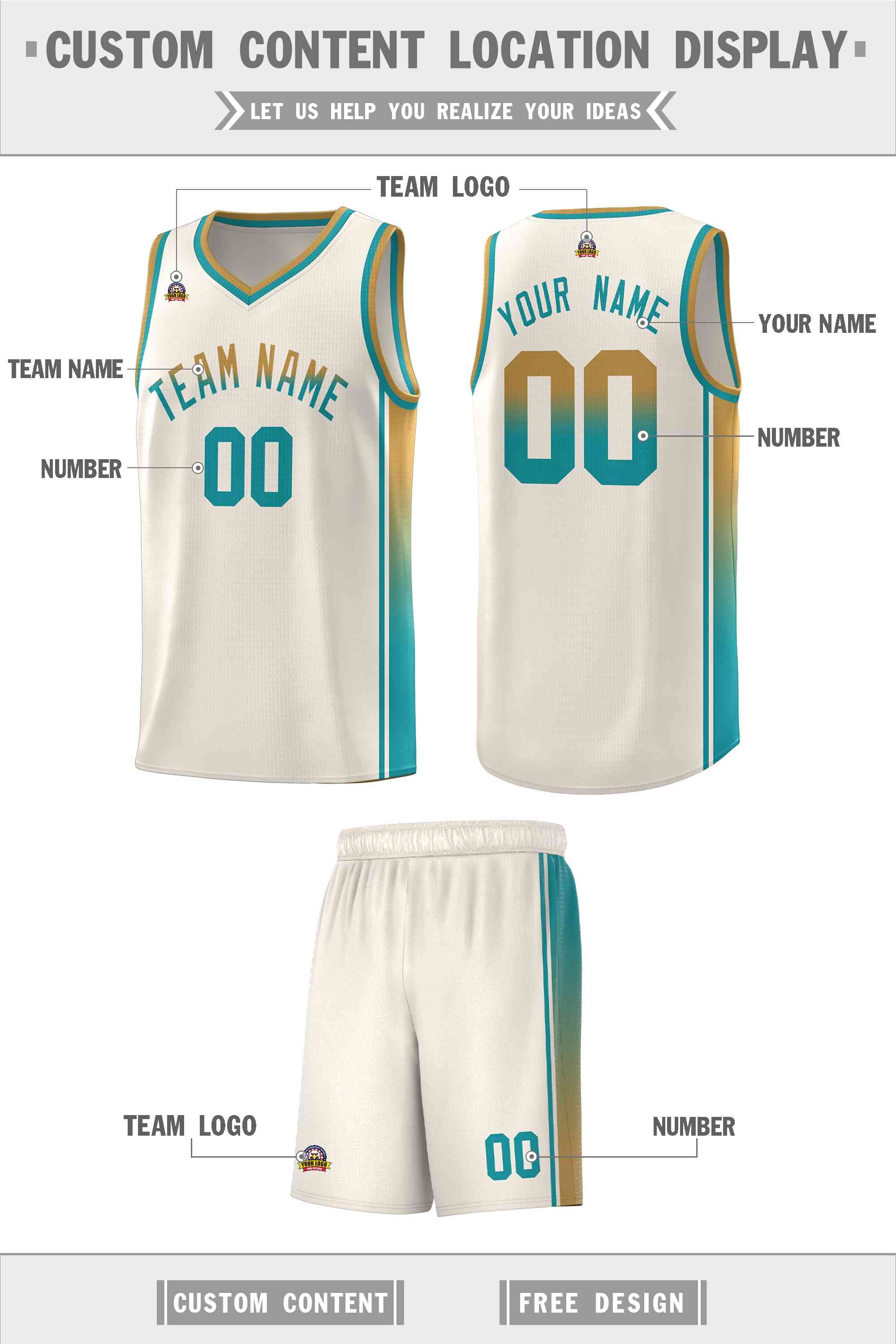 Custom Khaki Old Gold-Aqua Gradient Fashion Sports Uniform Basketball Jersey