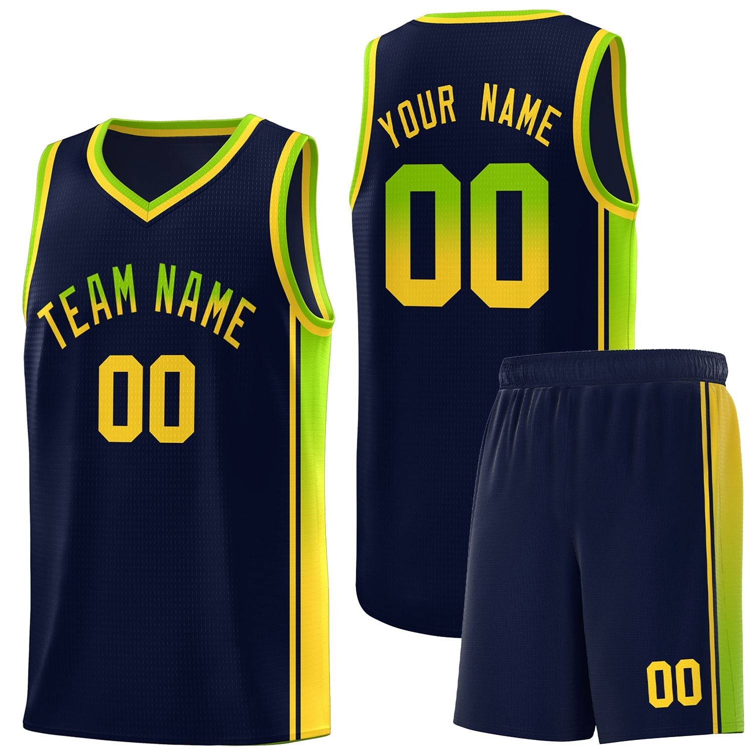 Custom Navy Neon Green-Gold Gradient Fashion Sports Uniform Basketball Jersey