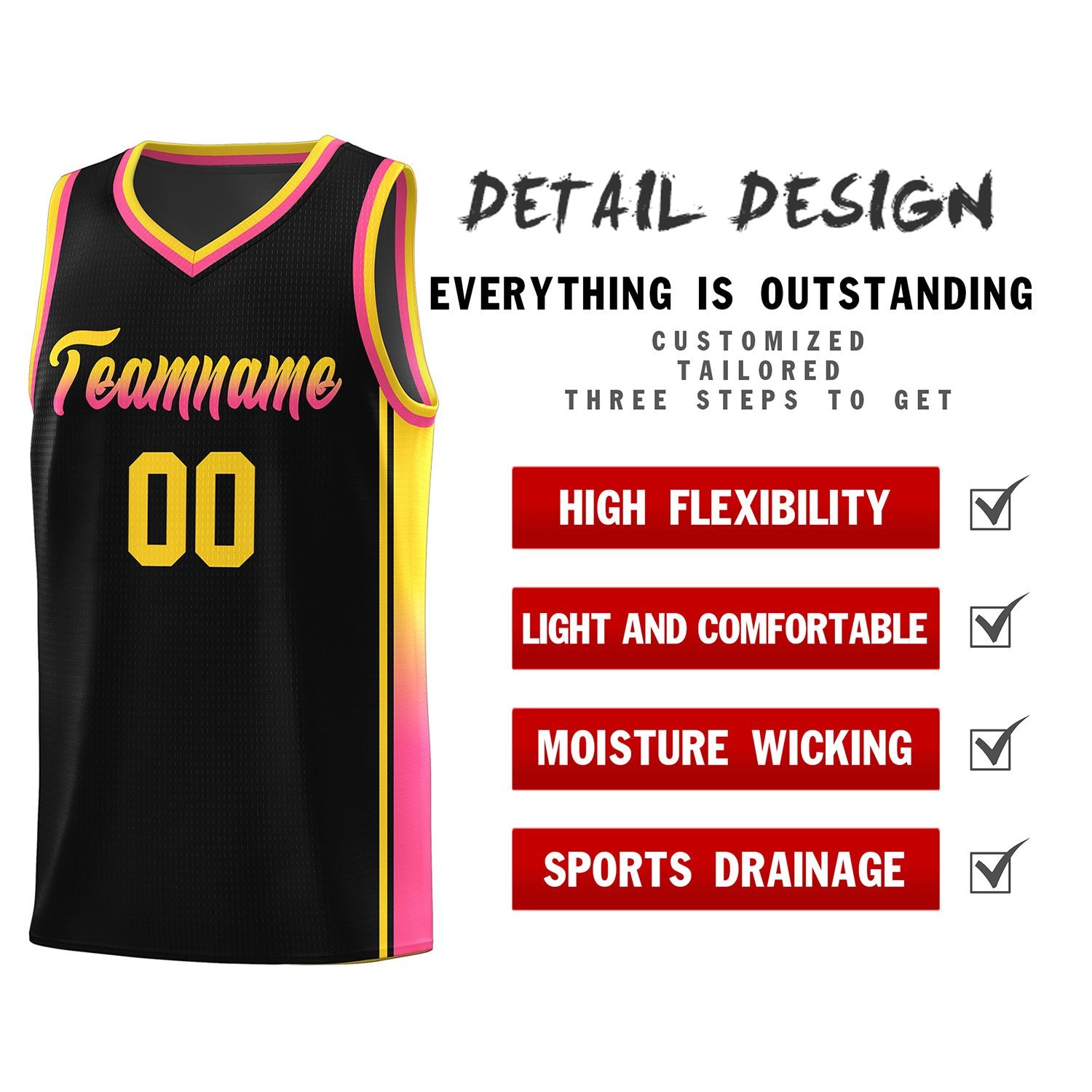 Custom Black Gold-Pink Gradient Fashion Sports Uniform Basketball Jersey