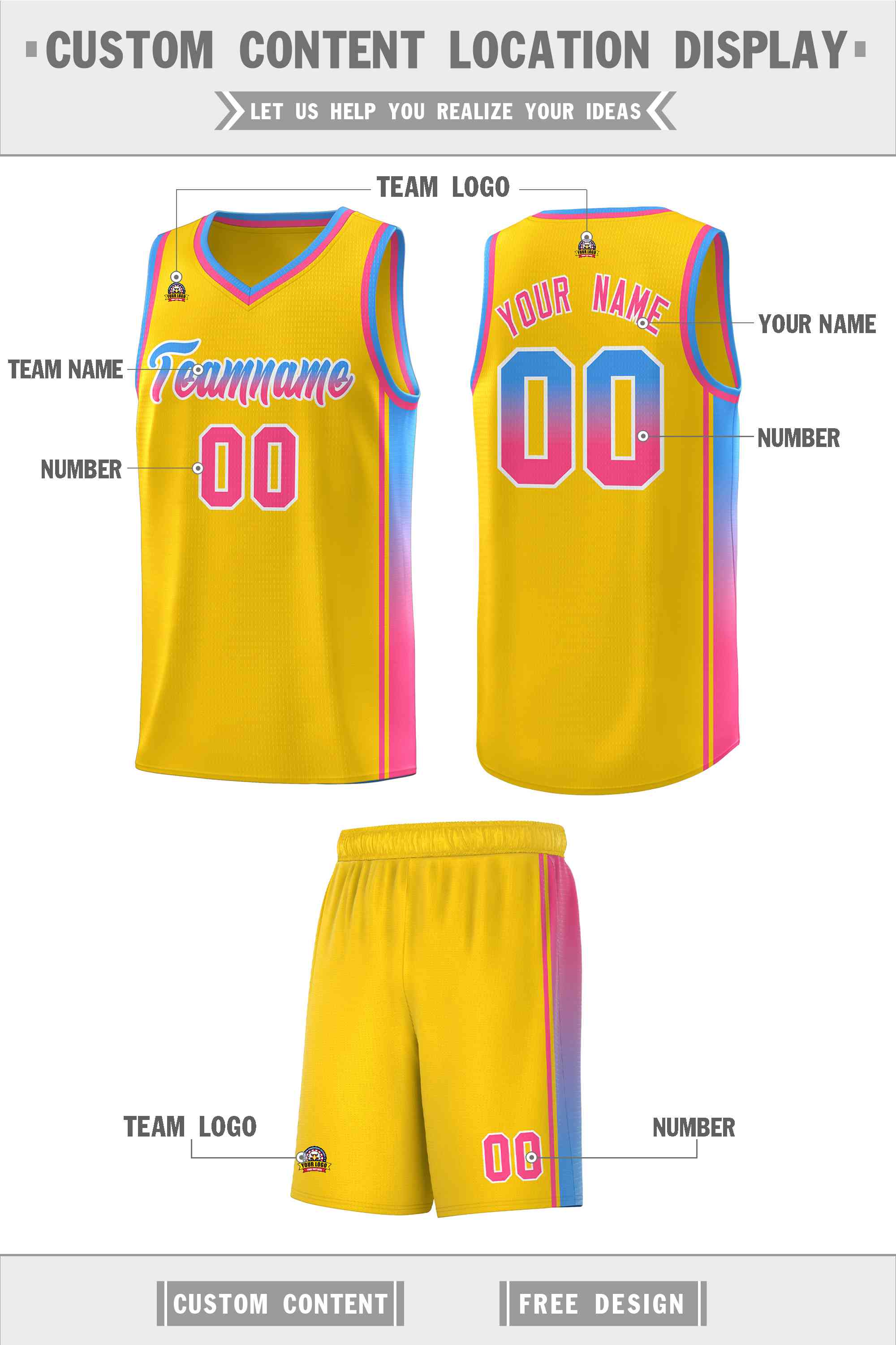 Custom Gold Light Blue-Pink Gradient Fashion Sports Uniform Basketball Jersey