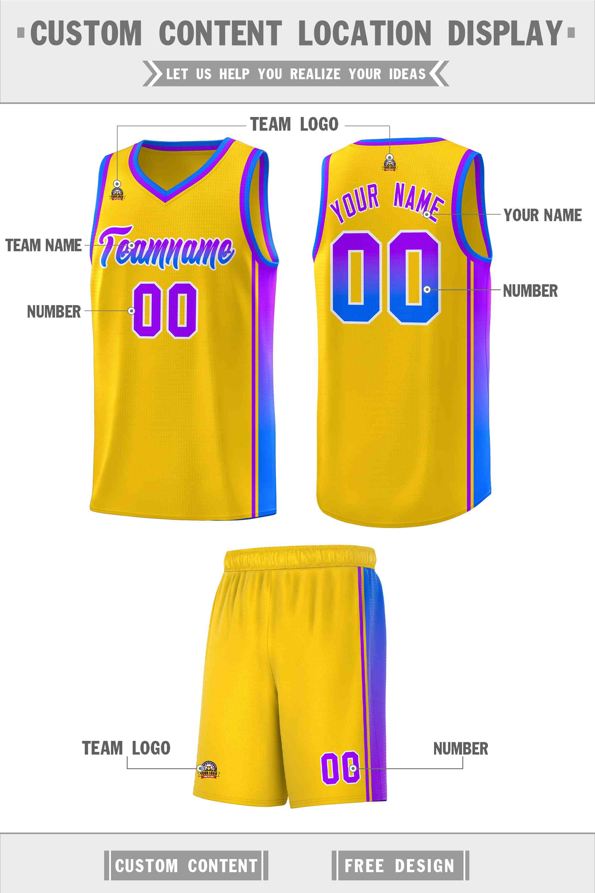 Custom Gold Purple-Light Blue Gradient Fashion Sports Uniform Basketball Jersey