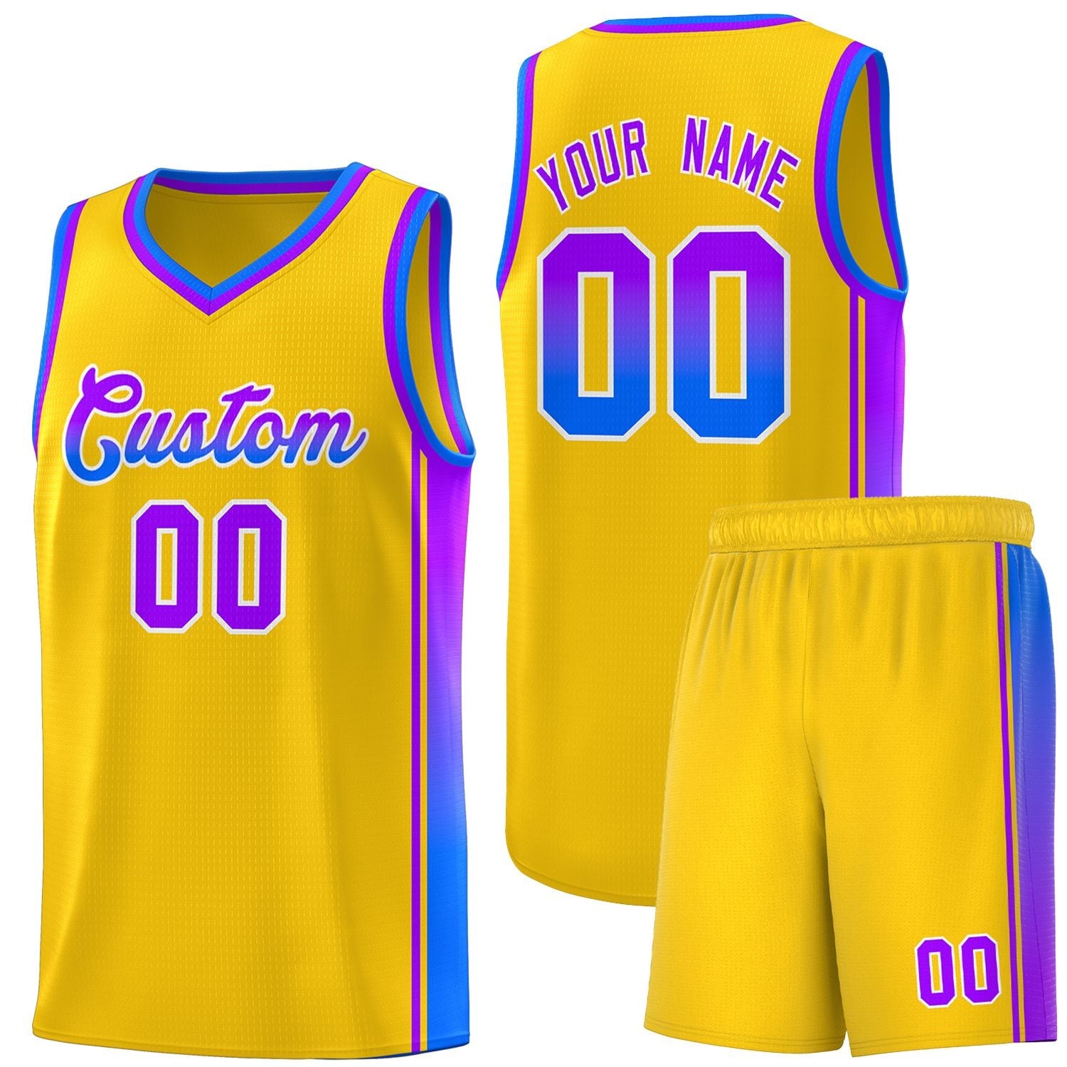 Custom Gold Purple-Light Blue Gradient Fashion Sports Uniform Basketball Jersey