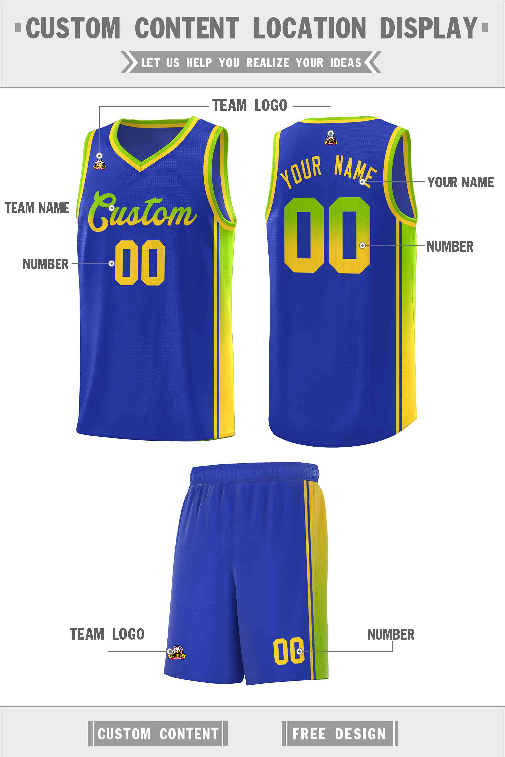 Custom Royal Neon Green-Gold Gradient Fashion Sports Uniform Basketball Jersey