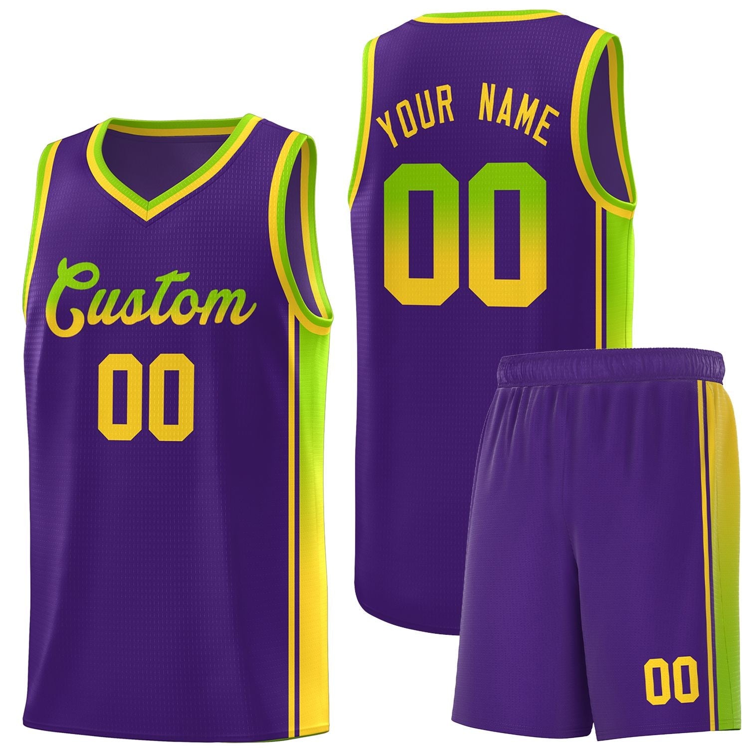 Custom Purple Neon Green-Gold Gradient Fashion Sports Uniform Basketball Jersey