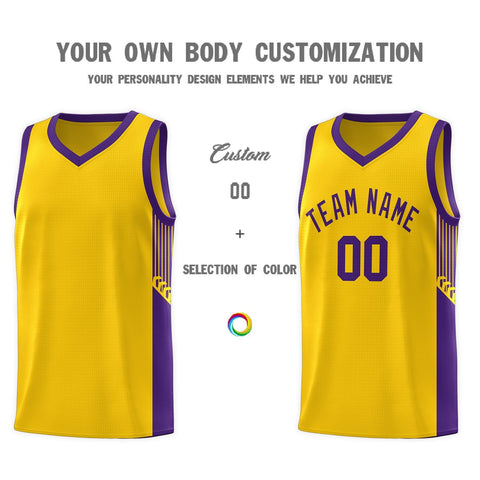 Custom Gold Purple Side Stripe Fashion Sports Uniform Basketball Jersey