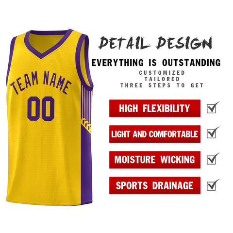 Custom Gold Purple Side Stripe Fashion Sports Uniform Basketball Jersey