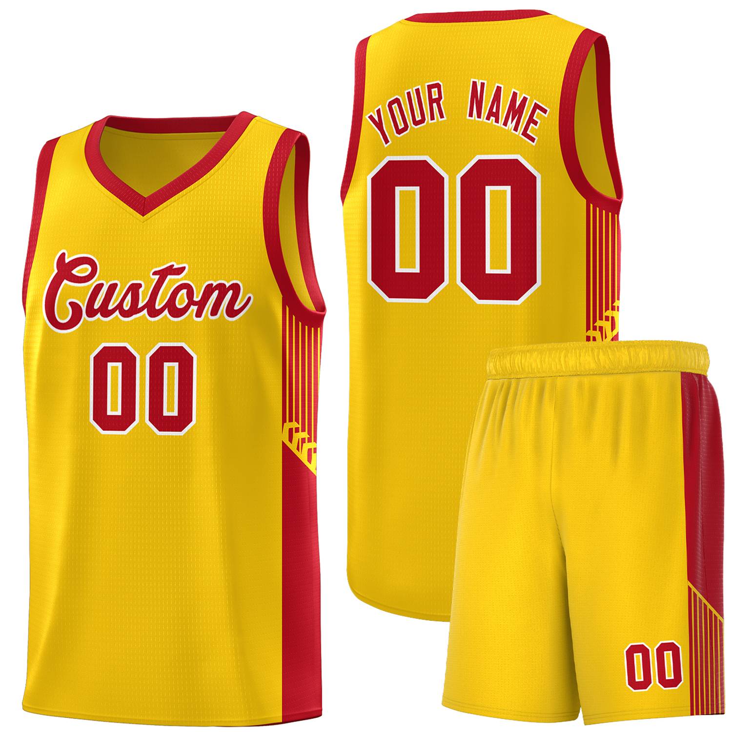 Custom Gold Red-White Side Stripe Fashion Sports Uniform Basketball Jersey