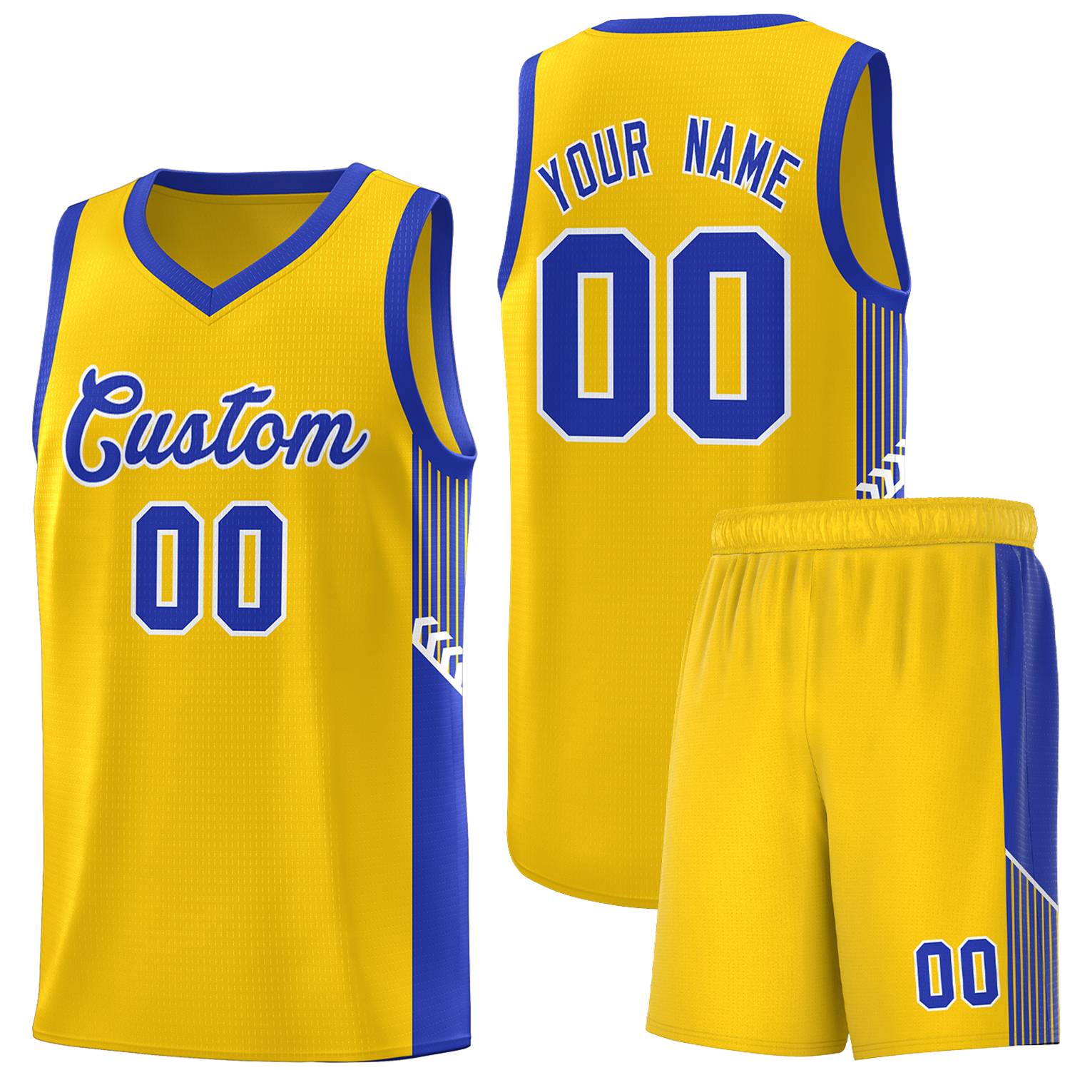 Custom Gold Royal-White Side Stripe Fashion Sports Uniform Basketball Jersey