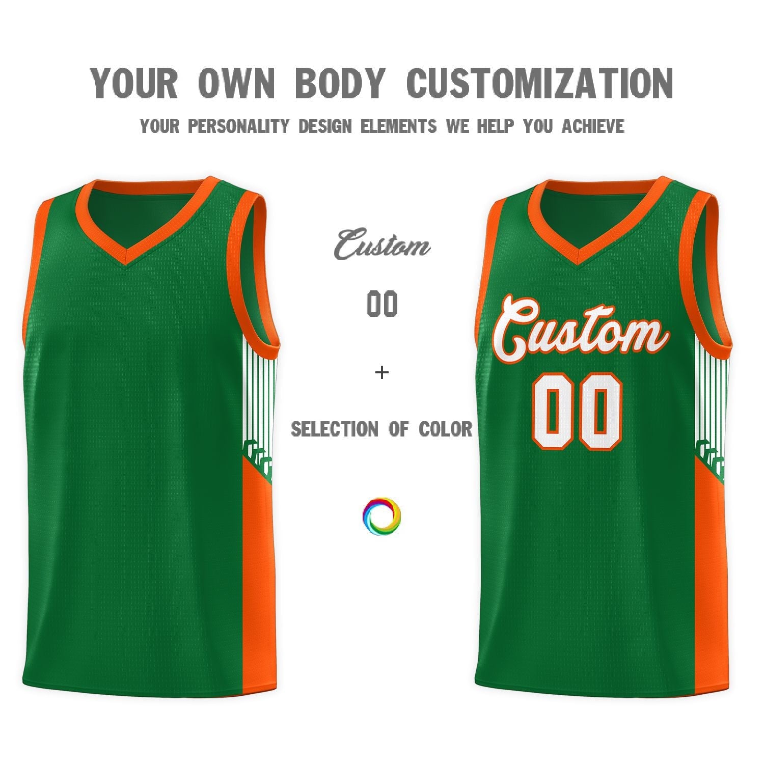 Custom Kelly Green White-Orange Side Stripe Fashion Sports Uniform Basketball Jersey