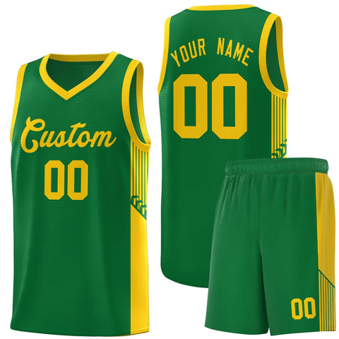 Custom Kelly Green Gold Side Stripe Fashion Sports Uniform Basketball Jersey