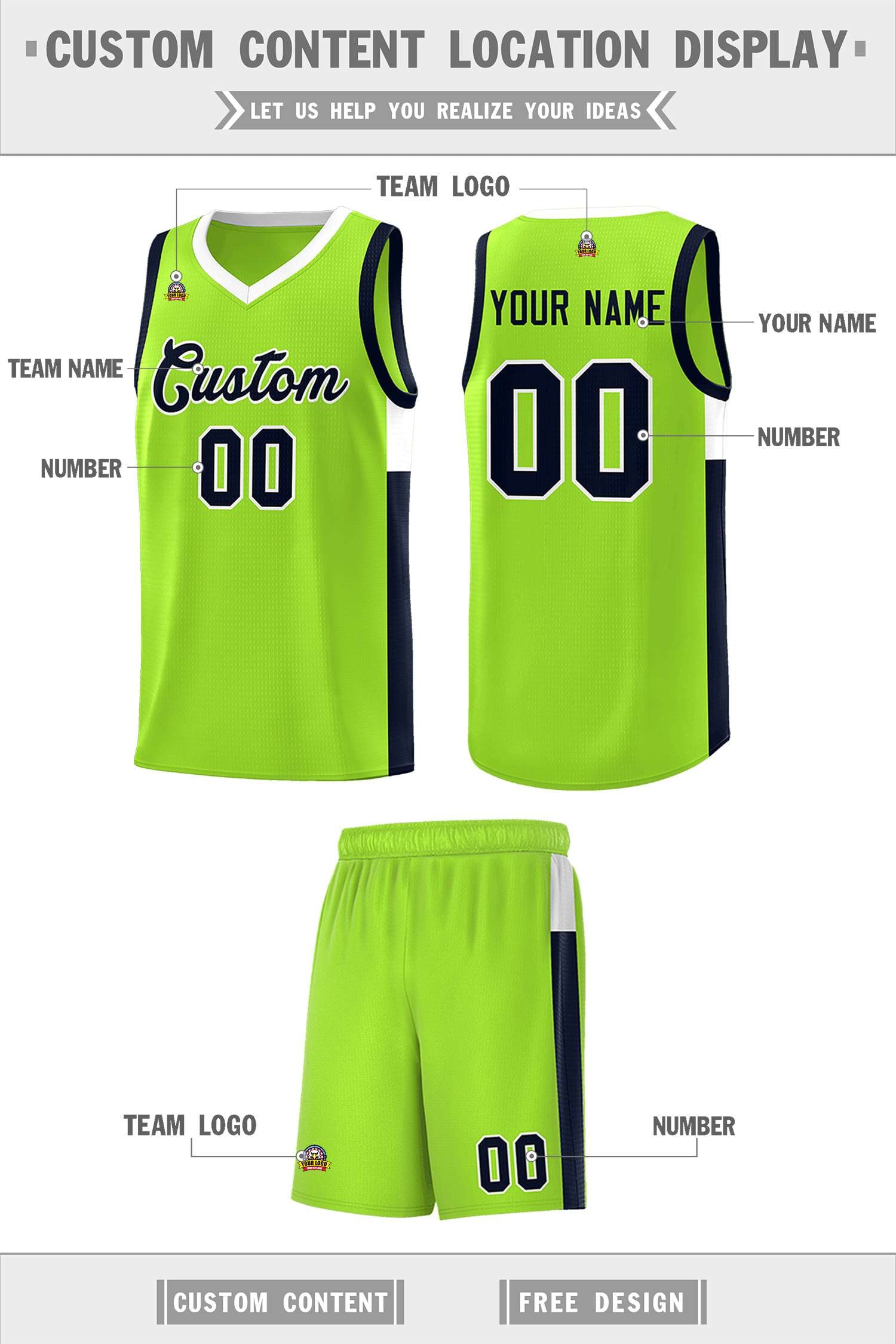 Custom Neon Green Navy-White Side Two-Tone Classic Sports Uniform Basketball Jersey