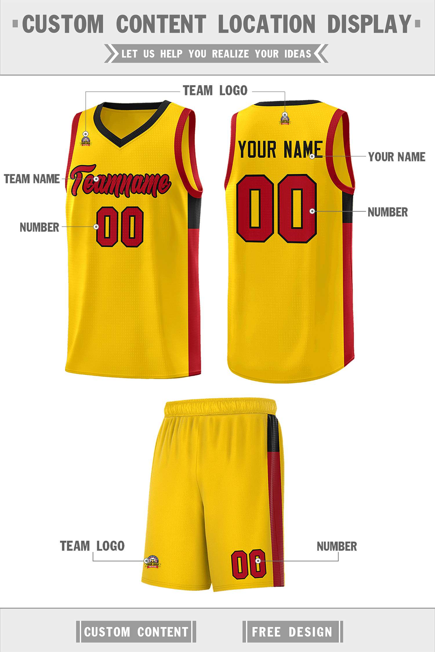 Custom Gold Red-Black Side Two-Tone Classic Sports Uniform Basketball Jersey