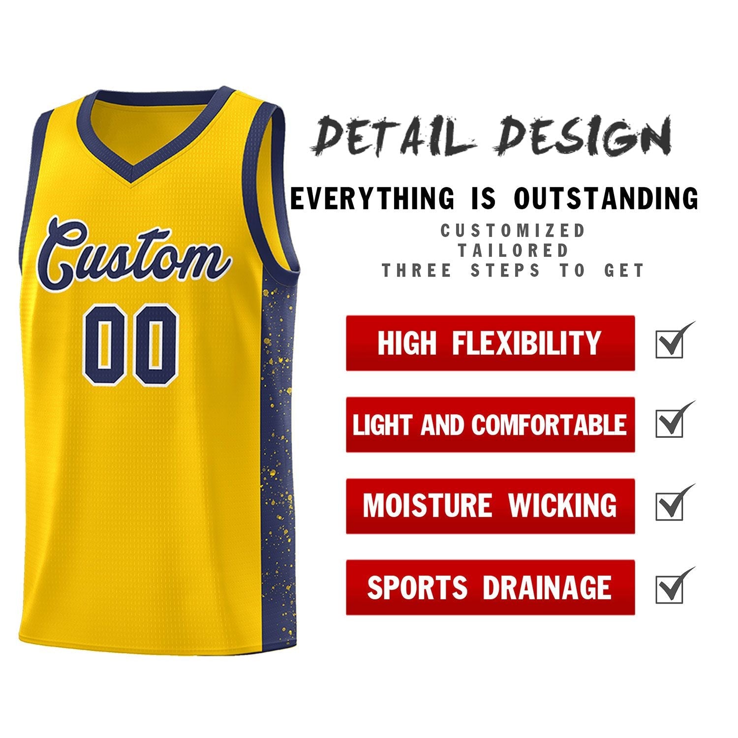 Custom Gold Navy-White Side Splash Sports Uniform Basketball Jersey