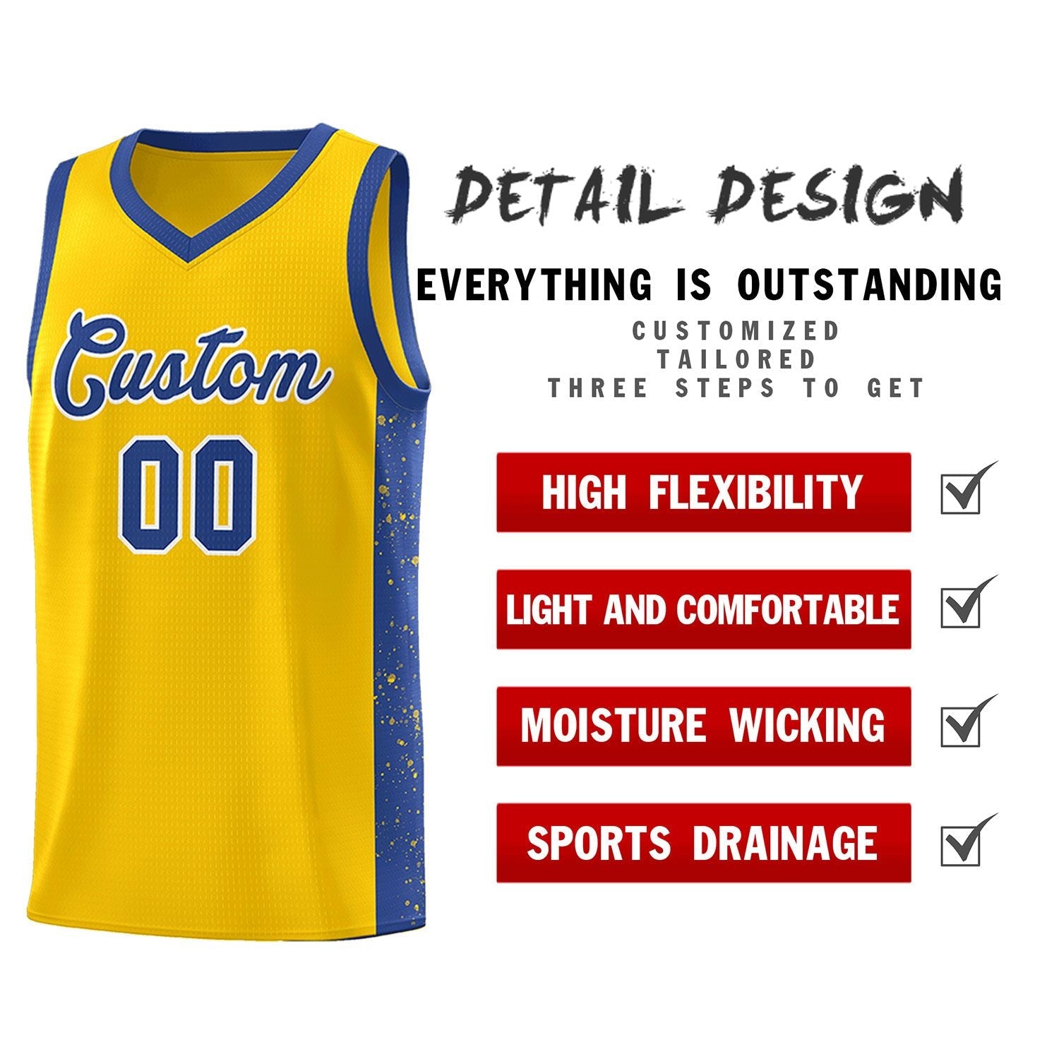 Custom Gold Royal-White Side Splash Sports Uniform Basketball Jersey