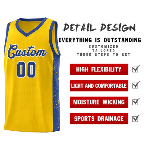 Custom Gold Royal-White Side Splash Sports Uniform Basketball Jersey