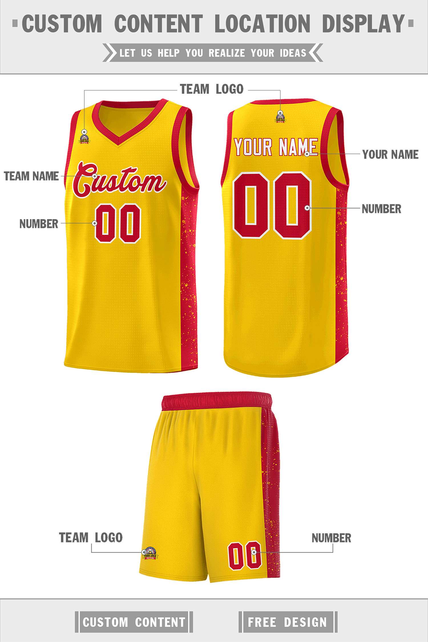 Custom Gold Red-White Side Splash Sports Uniform Basketball Jersey