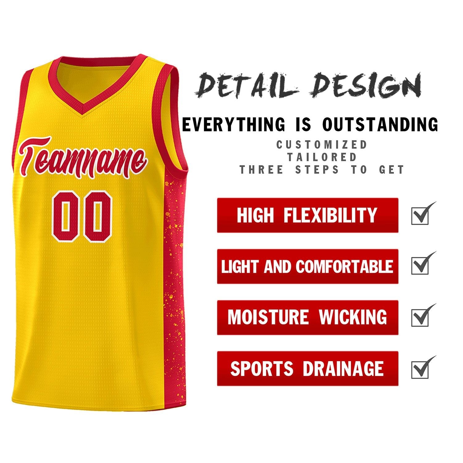 Custom Gold Red-White Side Splash Sports Uniform Basketball Jersey