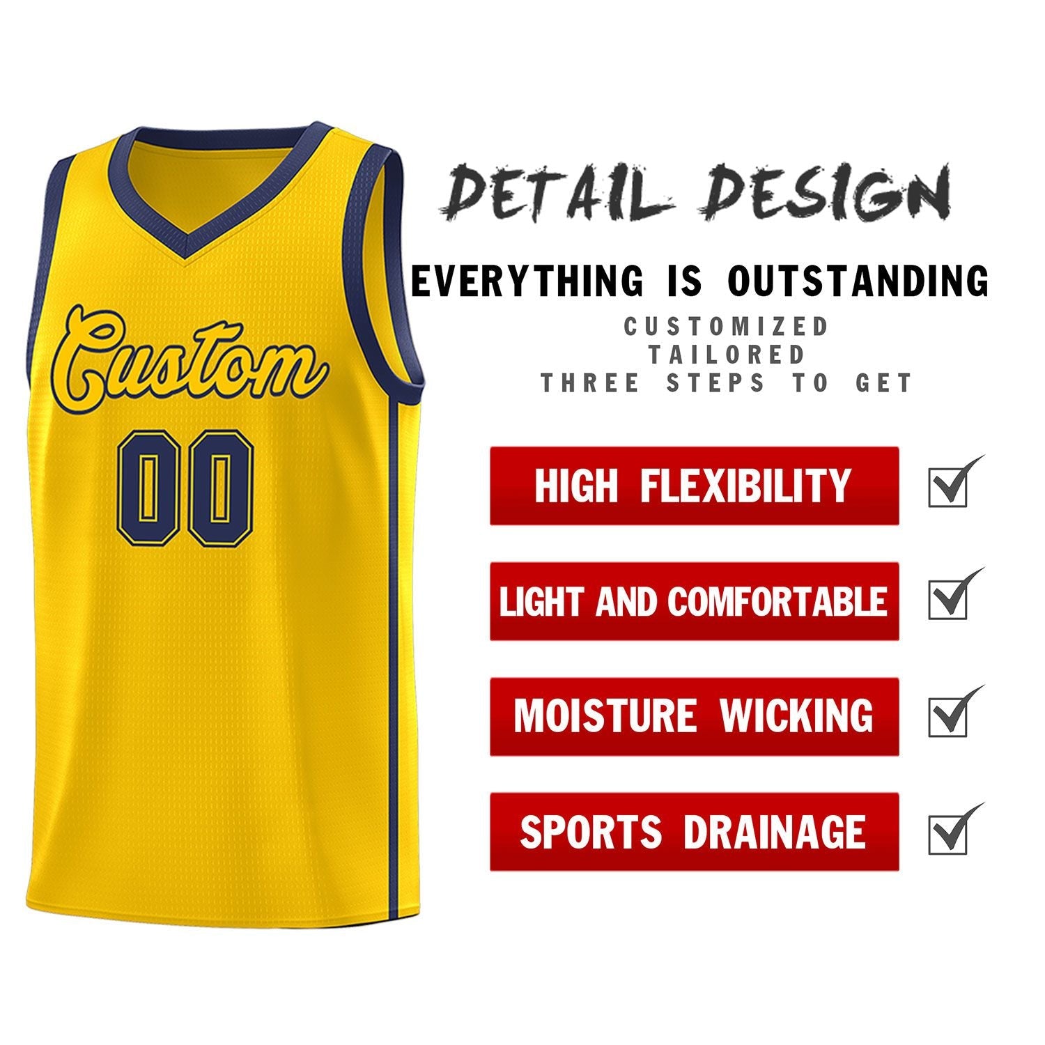 Custom Gold Navy Side Two Bars Sports Uniform Basketball Jersey