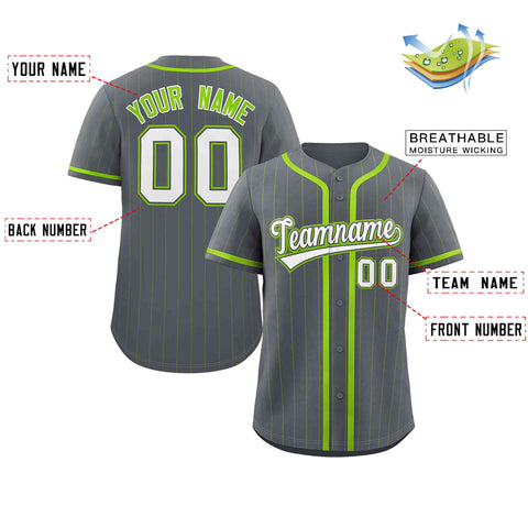 Custom Gray White-Neon Green Stripe Fashion Design Full Button Authentic Baseball Jersey