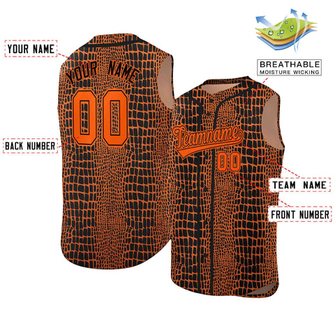 Custom Orange Black Crocodile Graffiti Pattern Authentic Sleeveless Baseball Jersey