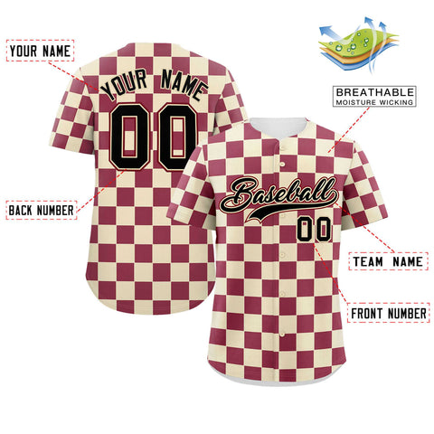 Custom Khaki Crimson Square Grid Color Block Design Authentic Baseball Jersey