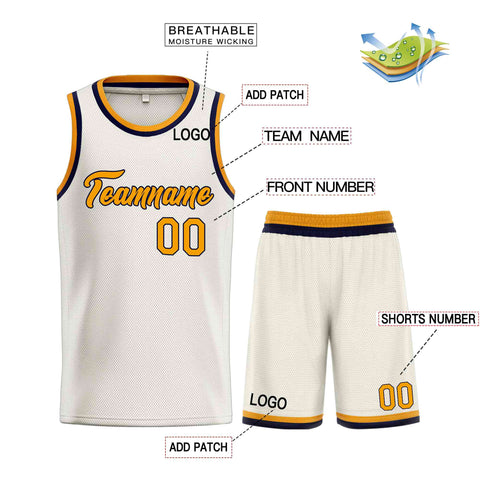 Custom Cream Yellow-Navy Heal Sports Uniform Classic Sets Basketball Jersey